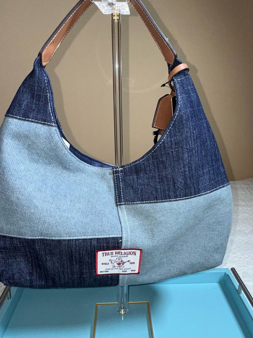 True Religion Two-Tone Denim Shoulder Bag with Tan Accents - Picture 3 of 7